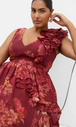 Mystique Print Ruffle Maxi Dress - rust