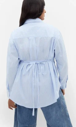 Neck Tie Cotton Stripe Shirt - sky blue