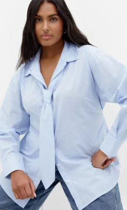 Neck Tie Cotton Stripe Shirt - sky blue