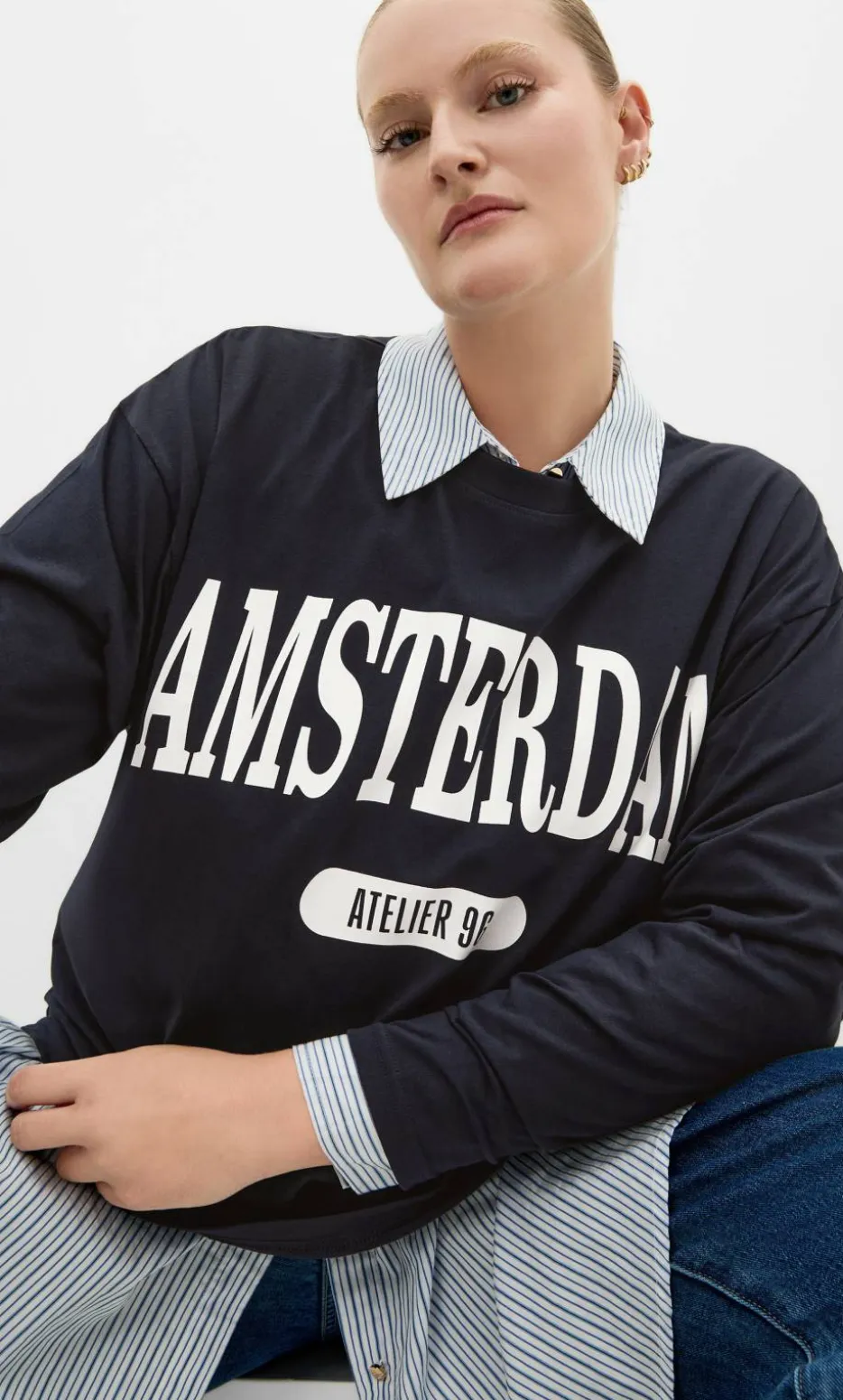 Oversized Amsterdam Long Sleeve Cotton Tee - navy