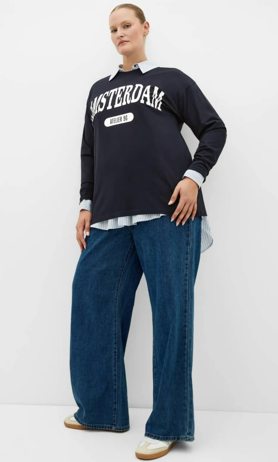 Oversized Amsterdam Long Sleeve Cotton Tee - navy