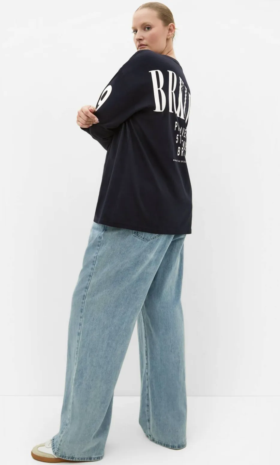 Oversized Brklyn Long Sleeve Cotton Tee - navy