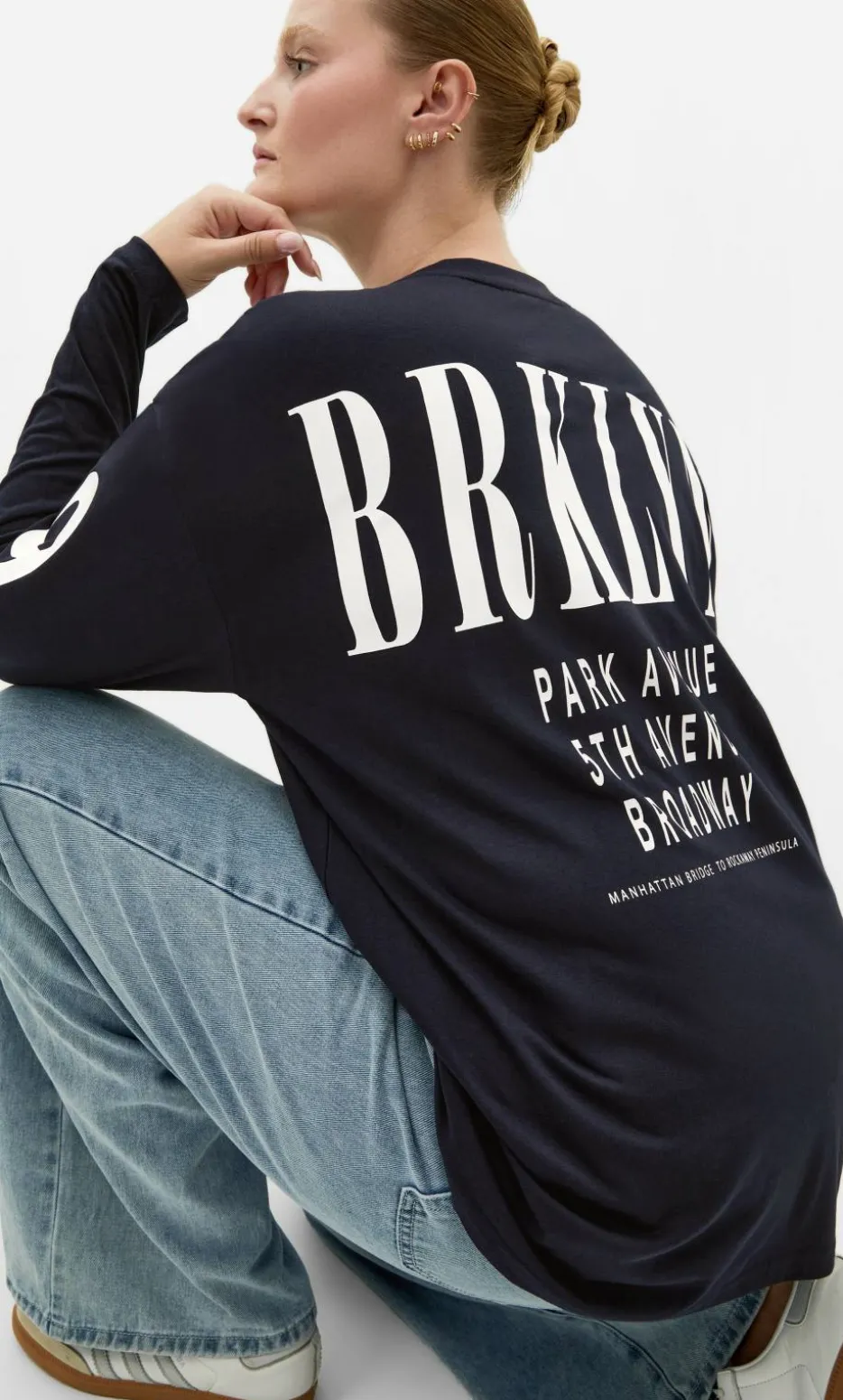 Oversized Brklyn Long Sleeve Cotton Tee - navy