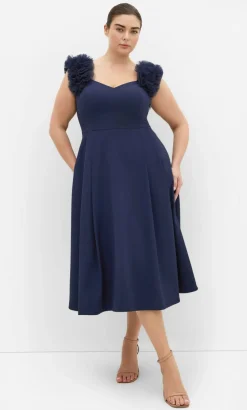 Roselyn Ruffle Tulle Midi Dress - navy