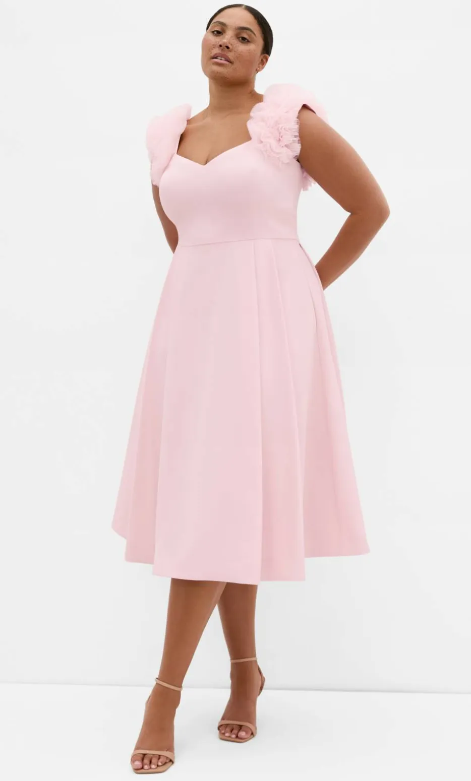 Roselyn Ruffle Tulle Midi Dress - heavenly pink