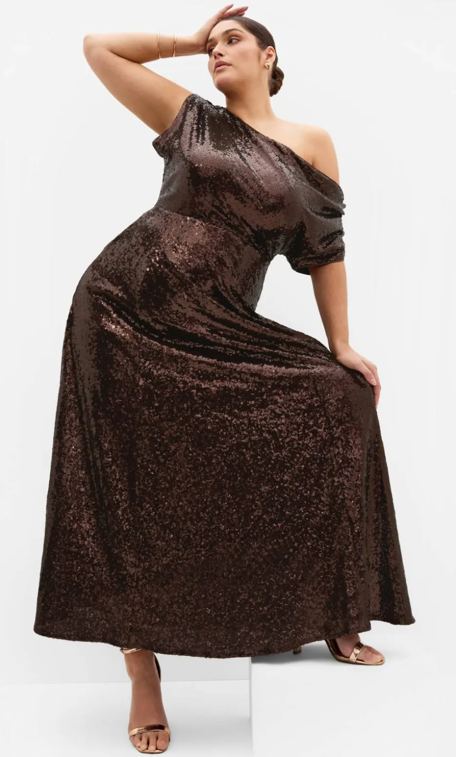 Sequin Off Shoulder Maxi Dress - chocolate