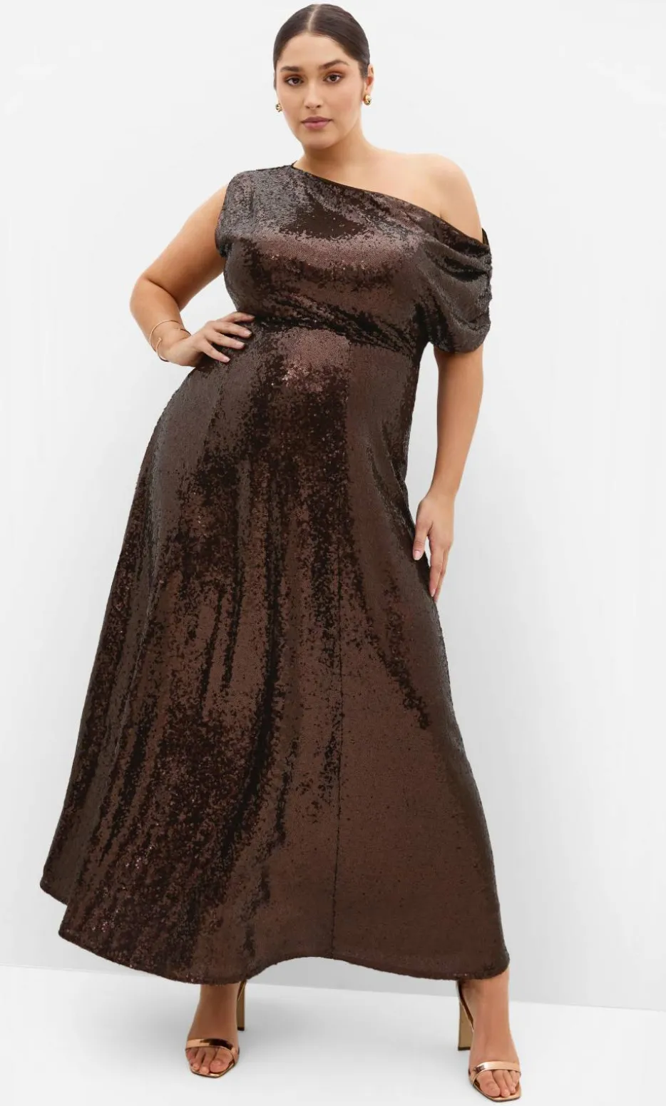 Sequin Off Shoulder Maxi Dress - chocolate