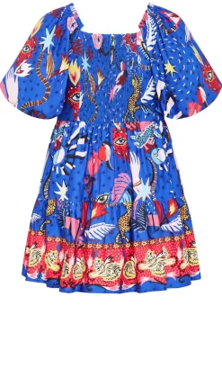 Simona Print Puff Sleeve Mini Dress - blue