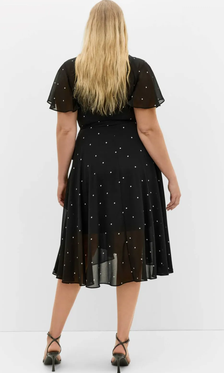Spot Frill Sleeve Wrap Midi Dress - black