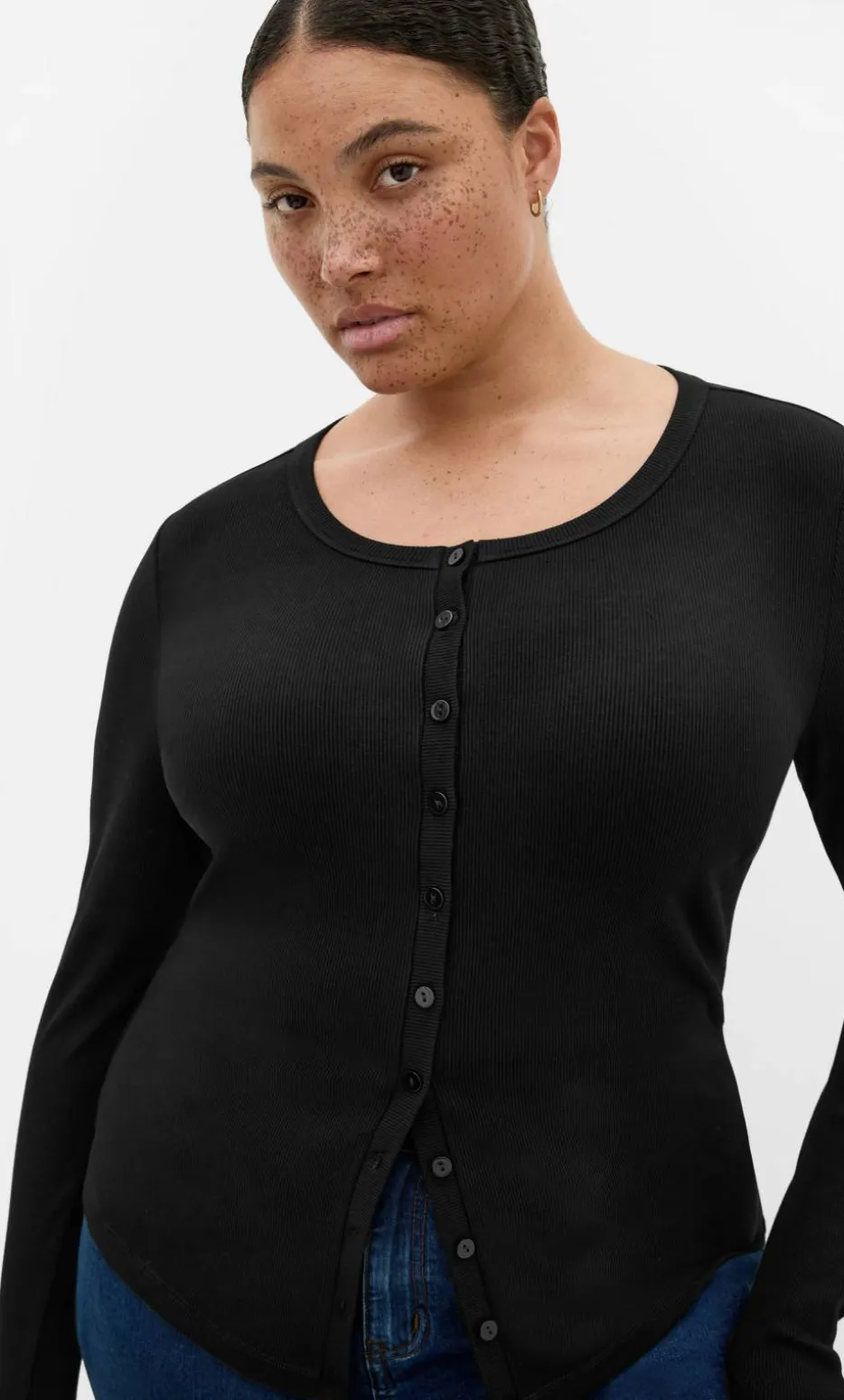 Stretch Button Through Rib Top - black