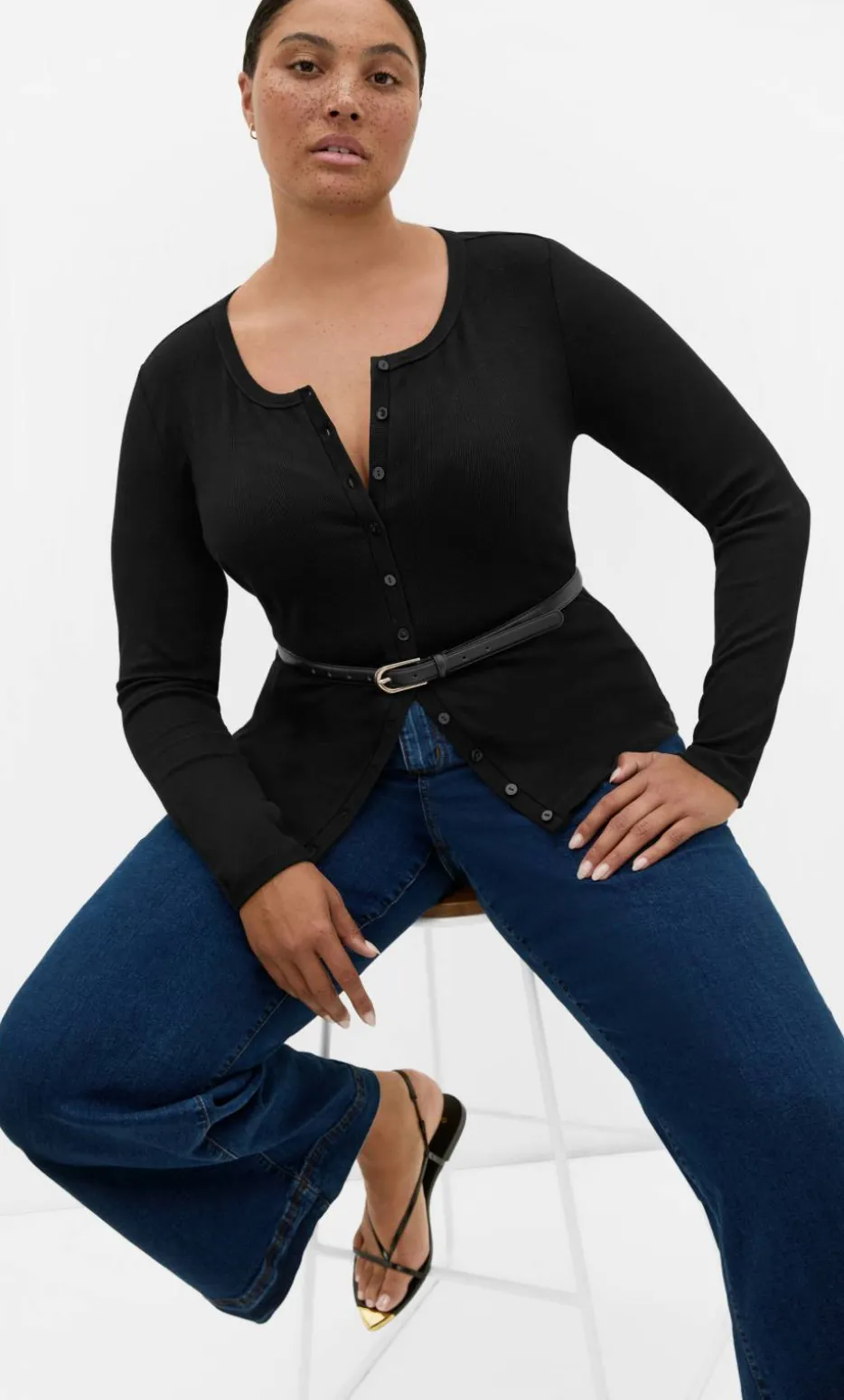 Stretch Button Through Rib Top - black