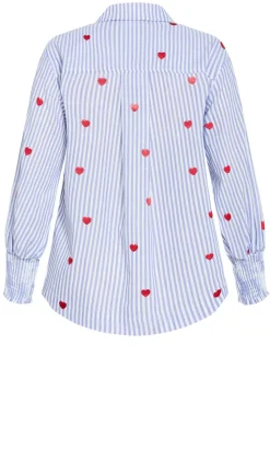 Stripe Heart Print Cotton Shirt - blue