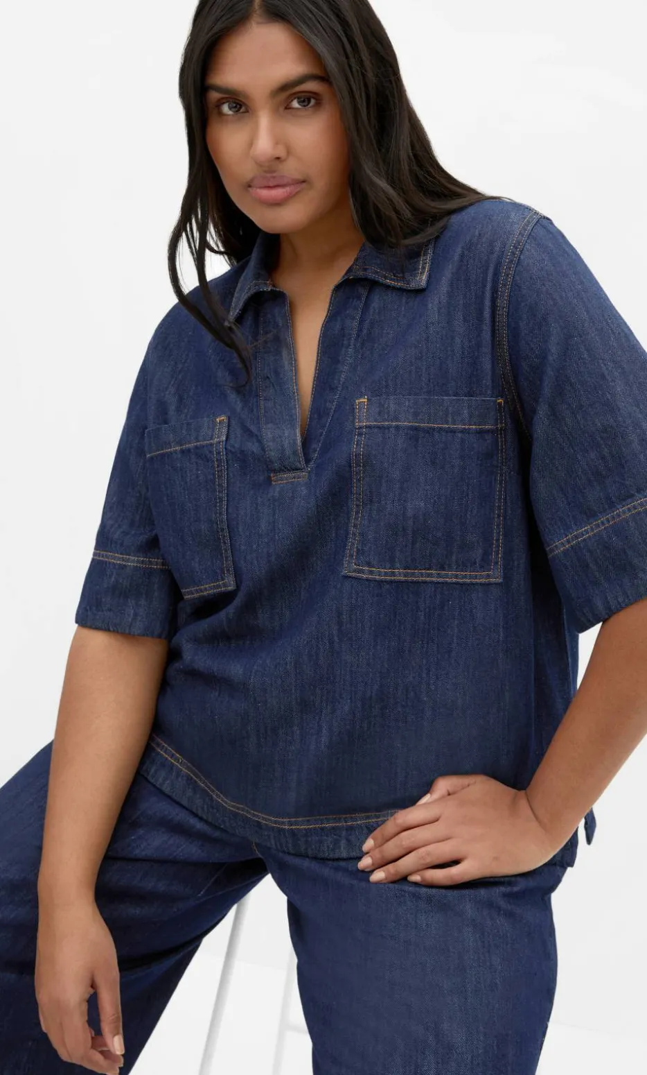Tia Pocket Denim Shirt - dark wash
