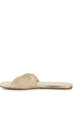 WIDE FIT Weave Flat Slide - gold
